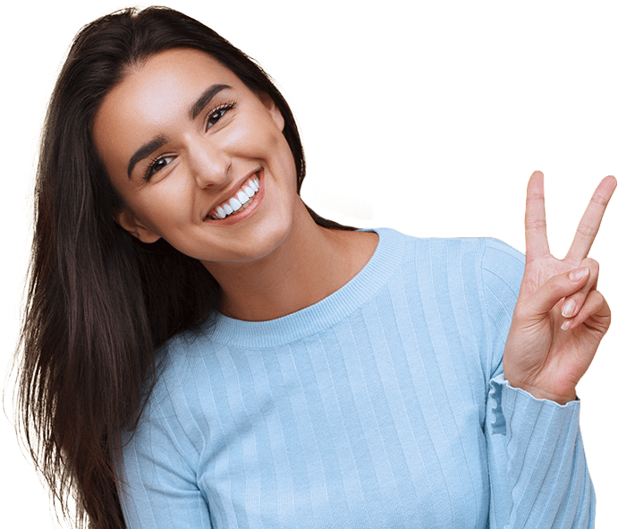 Smiling woman giving peace sign